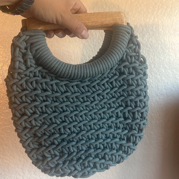 A New Day Blue Macrame/Crocheted Handbag Purse with Wood Handles - Picture 2 of 13